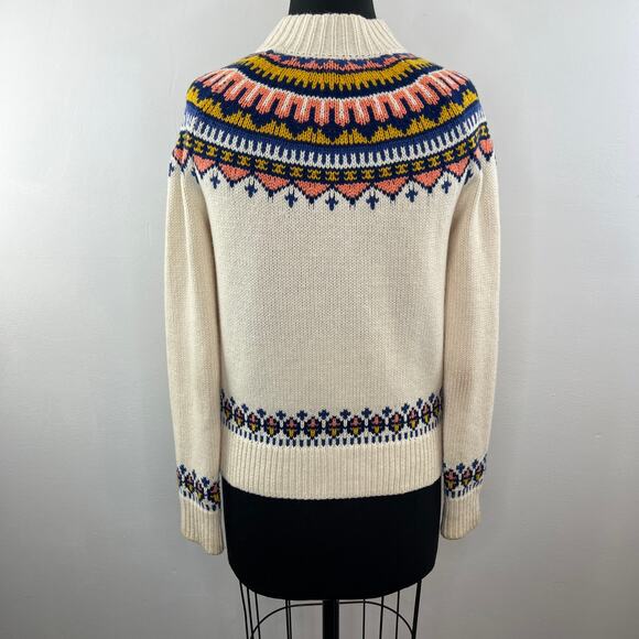 Lands' End Canvas Beige Multicolor Fair Isle Wool Button-Up Mock Neck Sweater XS - Picture 5 of 10